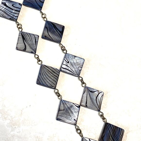 Rainbow Abalone Pendant & Dark Blue Mother of Pearl Bronze Link Long Necklace - Picture 10 of 15